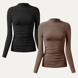 NWT 2-pack OGL ProWarm Thermal Ruched Sides Tuckable Mockneck Top Mocha Black S